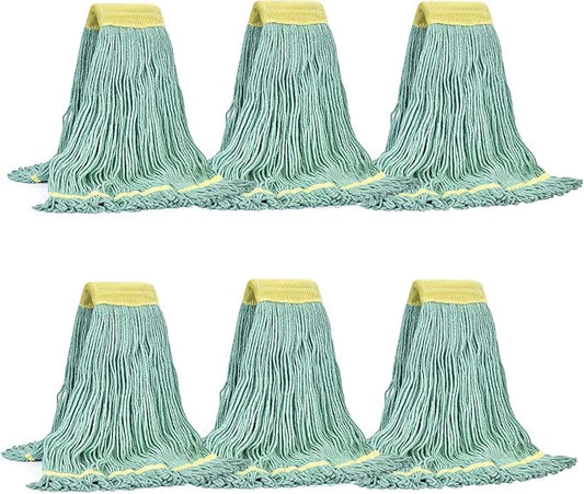 Matthew Cleaning Commercial Mop Head Replacement, 5 Inch Wide Headband, Looped End Cotton Blend String Wet Mops for Floor Cleaning, 24 oz Large, 6-Pack Green