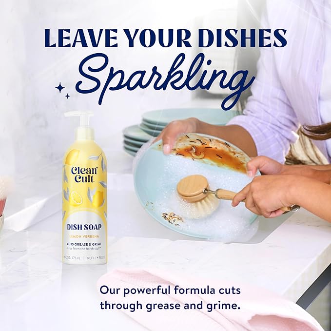 Cleancult Dish Soap Liquid Refill (32oz, 1 Pack) - Plant Based Cleaning Power - Dish Soap that Cuts Grease & Grime - Free of Harsh Chemicals - Uses 90% Less Plastic - Lemon Verbena