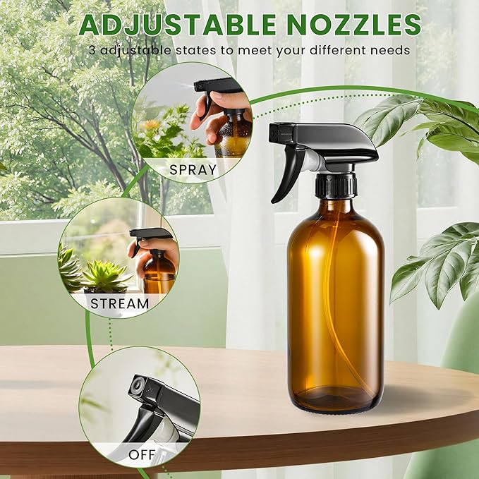 Supercenter Glass Spray Bottles, Amber Glass Spray Bottles, 16oz, Adjustable Nozzle for Stream and Spray, Reusable, for Essential Oils, Cleaning Products, Detergents(1ps)