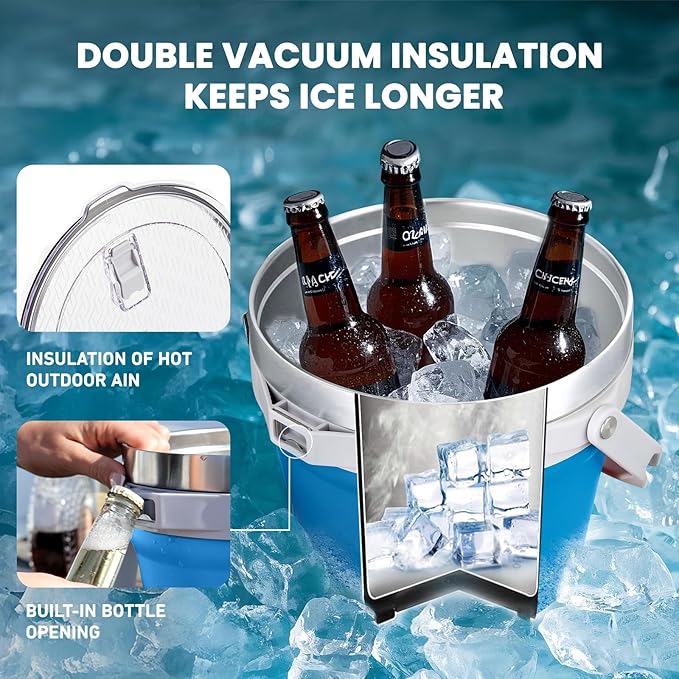 COKTIK 7L Insulated Ice Bucket with Lid，Double Wall Vacuum Stainless Steel Beverage Bucket Keeps Frozen Longer，Holds 6 Longnecks or 3 Bottles of Wine，for Cocktail, Champagne, Large Parties(Blue)