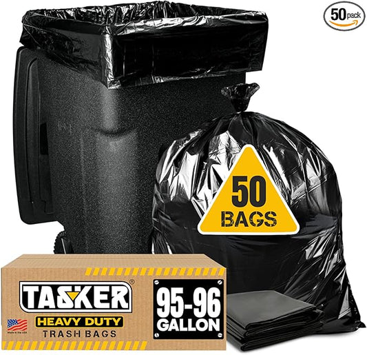 Tasker 95-96 Gallon Trash Bags Heavy Duty (Mega-Value 50/Bags w/Ties) 95-100 Gallon Trash Bags│Black Heavy Duty Trash Bag │Extra Large Garbage Bags