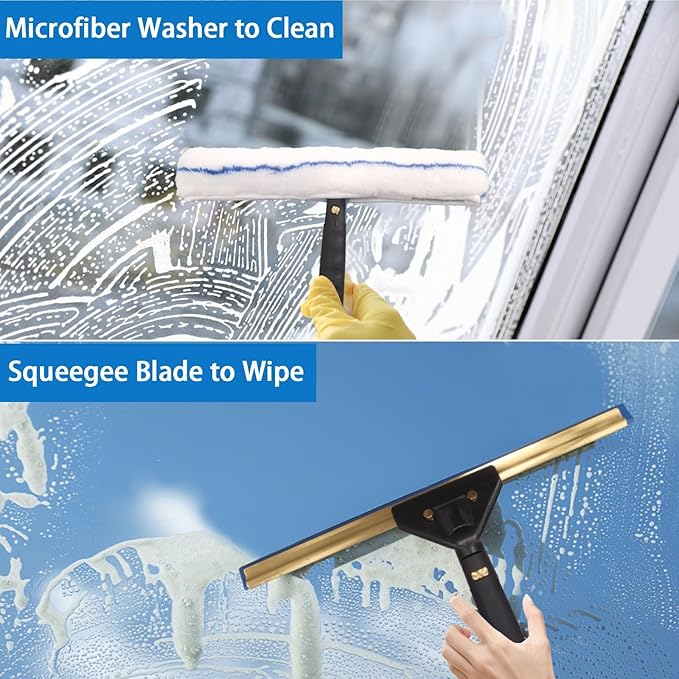 Pro Window Cleaning Kit with Storage Bucket, with 4 13 inch Extension Rods, Scrubber, Spray Bottle, Rag and Scraper with Rotating Head - Car/Home Glass Cleaning System