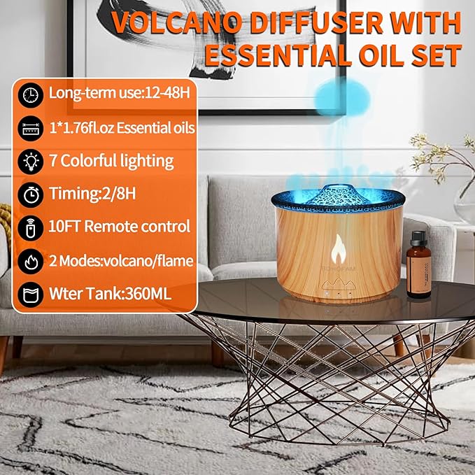 BOHOFAM Aroma Essential Oil Diffuser 360 ML,Volcano and Flame Diffuser/Humidifier,Give1.76 oz Hotel Collection Diffuser Oils,7 Colorful Light Change,Diffusers for Home,Large Room(Wood Grain)