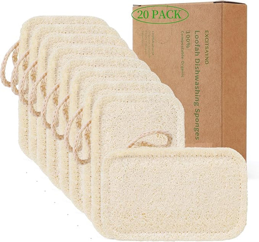 Natural Loofah Kitchen Sponges, 20 PCS Natural Sponge for Dishes, Cleaning, 100% Biodegradable Compostable Vegetable, Eco Friendly Sponges, Non-Scratch, No Odor Scrubber
