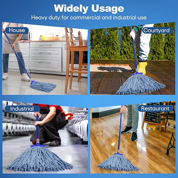 Matthew Cleaning Screw-on Heavy Duty Cotton Wet Mop Replacement Heads(Blue, Large,12 Pack) with 2 Pack Microfiber Cloth for Residential & Commercial Floor Cleaning Use- Fit Standard American Screw