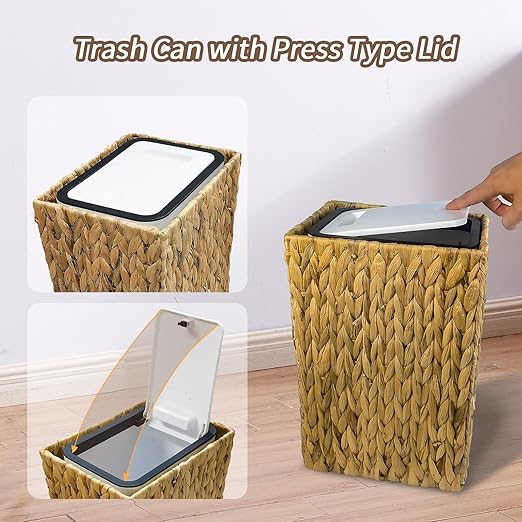 Wicker Trash Can,3 Gallon Wicker Waste Basket,Boho Handwoven Trash Can with Lid for Kitchen Bathroom Office