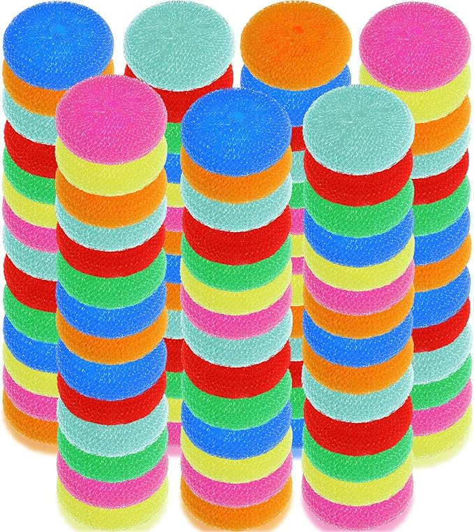 Nuogo 100 Pieces Reusable Plastic Dish Pot Scrubbers Bulk, Non-Scratch Nylon Scouring Pads for Kitchen Cleaning, Assorted Color Poly Mesh Dishwashing Pads for Household Use