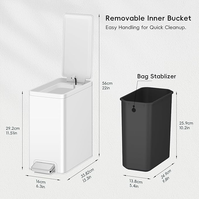 EKO Slim Small Bathroom Trash Can with Lid, Stainless Steel Small Garbage Can with Removable Inner Bucket, 6L / 1.6 Gal, Step On Trash Bin (White)