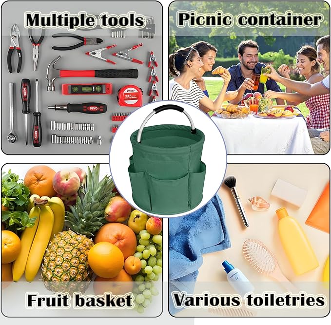 17L Cleaning Caddy with Handle, Garden Tool Organizers Bag, Cleaning Bucket Organiser, Foldable Gardening Bags Multi Pocket, Green