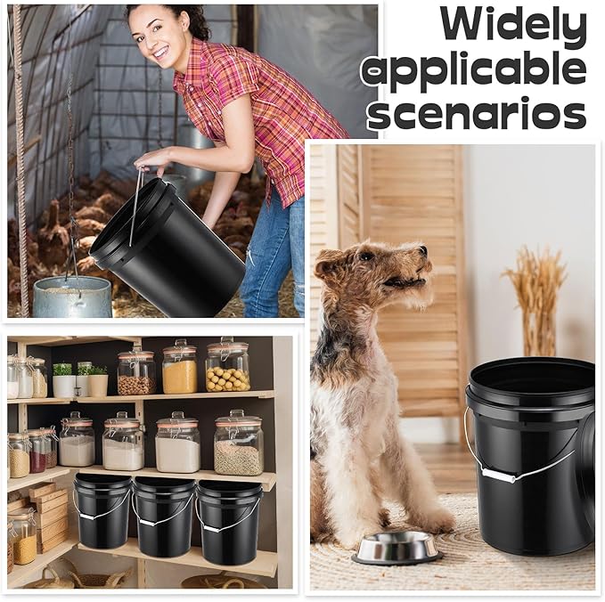 Vesici 6 Pack 5 Gallon Bucket Black Pail Storage Food Container Buckets with Lid Handle Heavy Duty Black Plastic Bucket with DIY Label Sticker for Home Improvement Household Cleaning Flour Rice