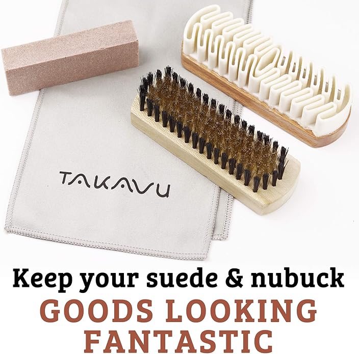 TAKAVU Premium Suede & Nubuck Cleaning Kit - Crepe Brush, Brass Bristle Brush, Microfiber Towel Cloth, Cleaning Block Eraser for Shoes, Boots