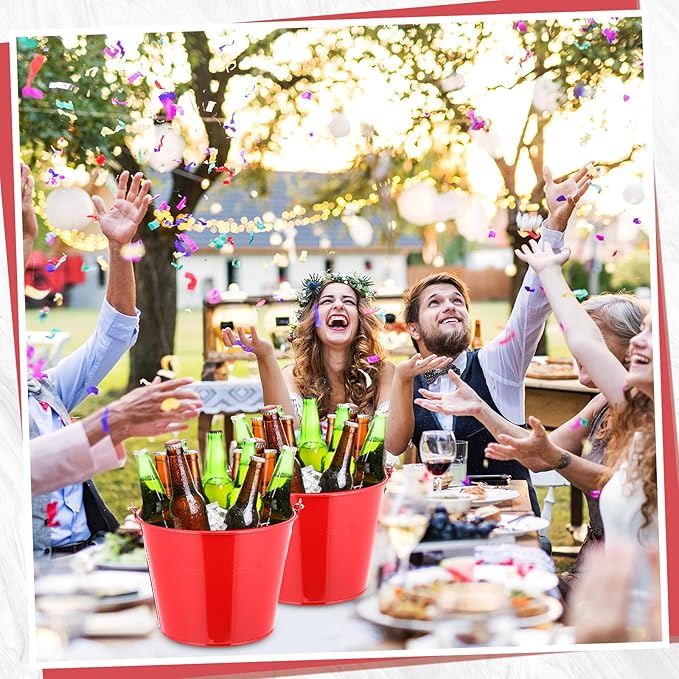 Zopeal 6 Pcs Large Metal Bucket Beer Bucket Galvanized Steel Pail with Handle for Gifts Basket Ice Candy Party(9 x 7 x 7 Inch,Red)