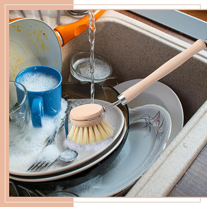Maxdot 4 Pcs Kitchen Dish Brush with Beechwood Handle Natural Wooden Handle Scrub Brush Fiber Bristles Dish Scrub 2 Inch Replacement Brush Head for Pots Pans Utensils Washing Supplies