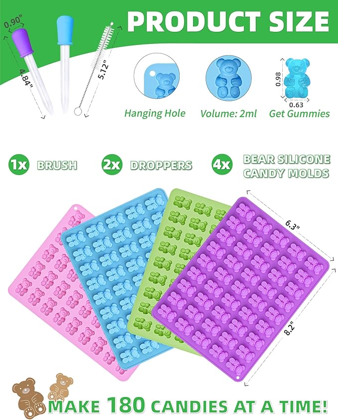 Gummy Bear Silicone Molds 4 PCS, KKDINDAN 2ML Chocolate Gummy Molds with 2 Droppers and 1 Cleaning Brush, BPA Free Food Grade Silicone Molds, Nonstick Candy Molds