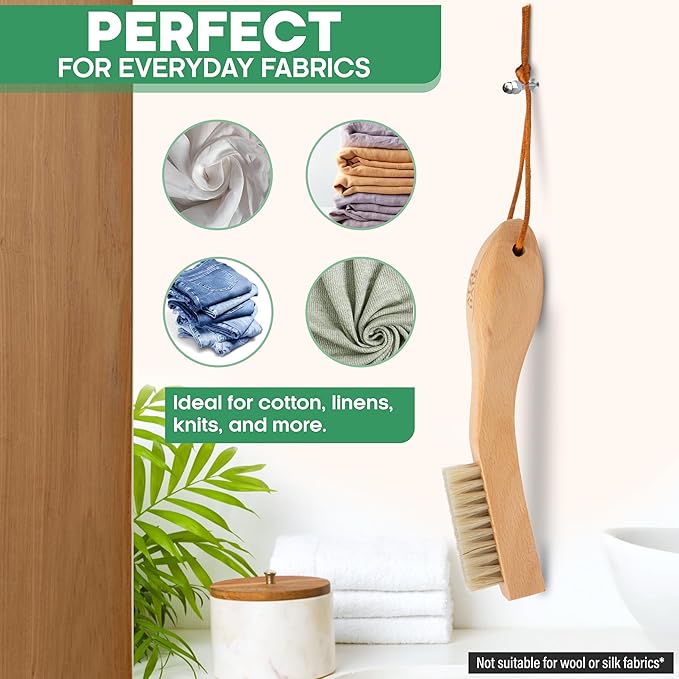 Laundry Brush Stain Remover Scrubber with Soft White Boar Bristles for Delicate Baby Clothes, Compact Design, Pre-Treat Clothing, Shoes and Fabrics