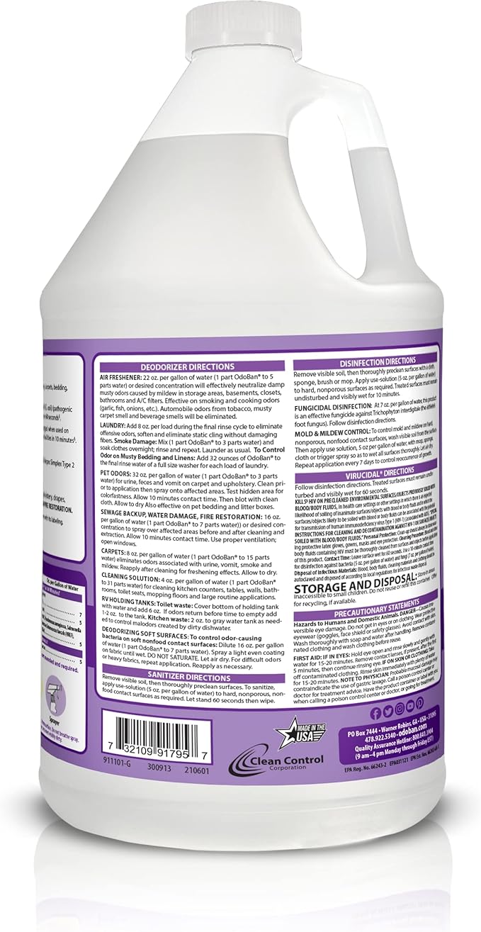OdoBan Ready-to-Use Disinfectant and Odor Eliminator, Made in the USA, Lavender Scent, Set of 3, 2 Spray Bottles, 32 Ounces Each and 1 Gallon Concentrate
