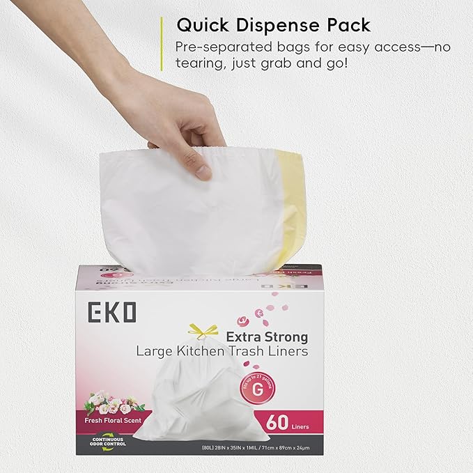 EKO 21 Gallon / 50-90 Liter, 60 Count Drawstring Trash Bags, Extra-Strong Garbage Bags, Fresh Floral Scent with Continuous Odor Control, Easy-Dispense Roll for Kitchen and Household Use, Code G, White