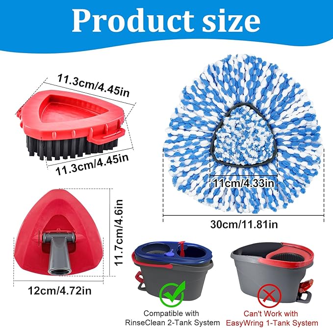 Mop Heads Replacements for O-Cedar RinseClean 2-Tank Spin Mop, Mop Replace Head for O Cedar, Spin Mop Heads for Ocedar Includes 3 Pack Mop Refills, 2 Upgrade Scrub Brush, 1 Mop Base for O-Cedar Mop