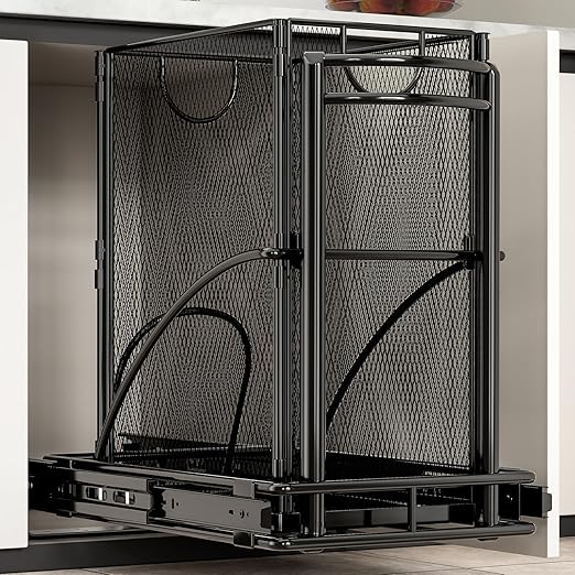 Under Sink Trash Can 7.4Gal 30Qt Pull Out Trash Can Under Cabinet ≥13" Wx17 Hx19 D, Cabinet Trash Can Pull Out Kit Sliding Garbage Bin Under Counter, with A Metal Basket (Black + Metal Basket)