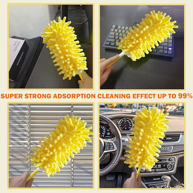 Reusable Duster for Swiffer, 4 Refills +1 Handle, 360 Heavy Duty Duster Refill Compatible with Swiffer Hand Dusters, for Dusting Furniture, Blinds, Ceiling Fans, Walls and More, Yellow