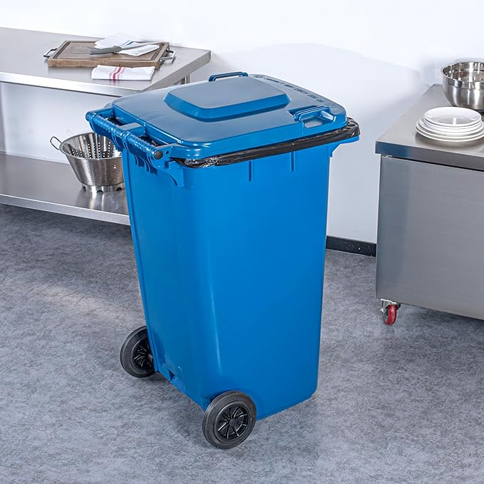 Restaurantware-Clean Tek Professional 64 Gallon Trash Can With Wheels, 1 Garbage Can With Lid - Step-On Attachment Sold Separately, Rectangle, Blue Plastic Dustbin, Long-Lasting, For Outdoor