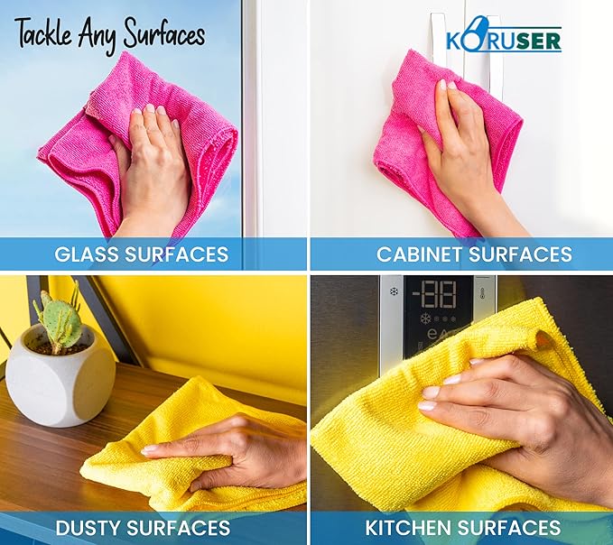 Microfiber Cleaning Cloths - Pack of 12 (16'' x 16'') - Reusable and Washable - All Purpose Towels for Multi Purpose Indoor/Outdoor Cleaning/Dusting/Polishing on Kitchen/Bathroom/Auto Surfaces