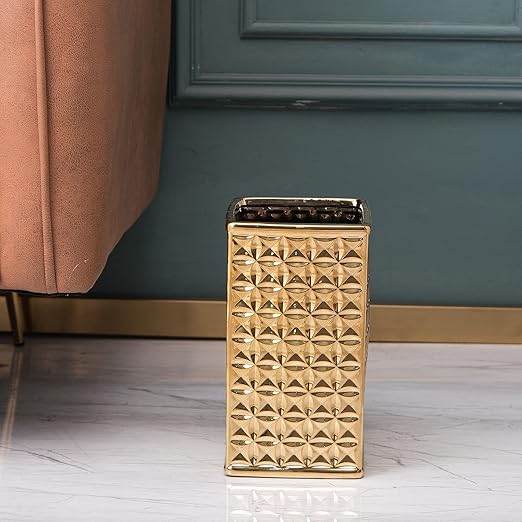 Trash Can for Bathroom, Small Office Garbage Can for Kitchen, Slim Rectangular Waste Bin, Ceramic, Gold