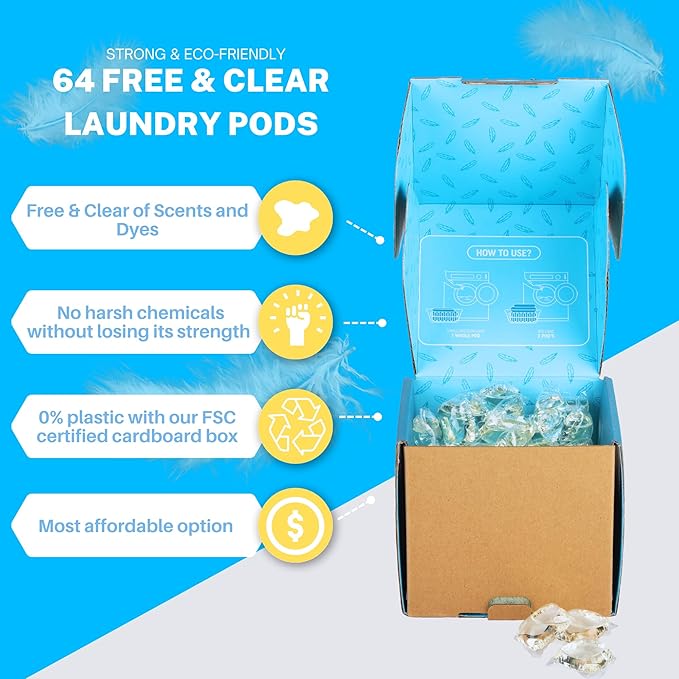 Laundry Detergent Pods Free & Clear, Unscented, 64 Count, Eco Friendly, Biodegradable, HE Compatible, Powerful Stain & Odor Removal, Skin Friendly