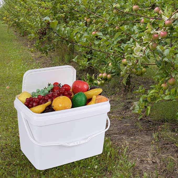 Saedy 5 Gallon Rectangular Food Storage Bucket, Set of 4 White Plastic Utility Pail, Food Grade Bucket with Lid and Handle