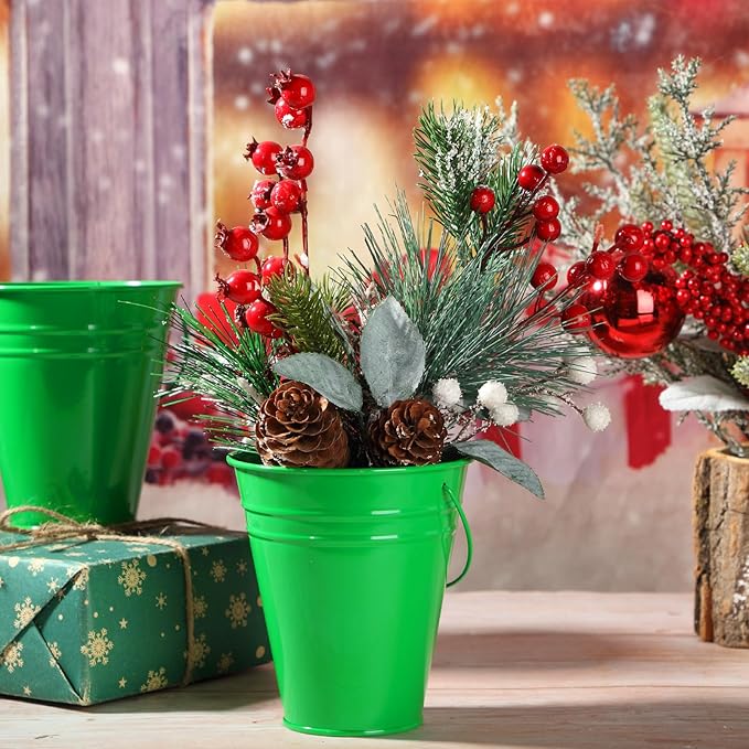 Sadnyy 12 Pack Metal Buckets with Handle, Galvanized Bucket 4.5 x 5 Inch Basket Bucket Party Supplies, Crafts for Christmas Halloween Candy Bars Vase Crafts(Green)