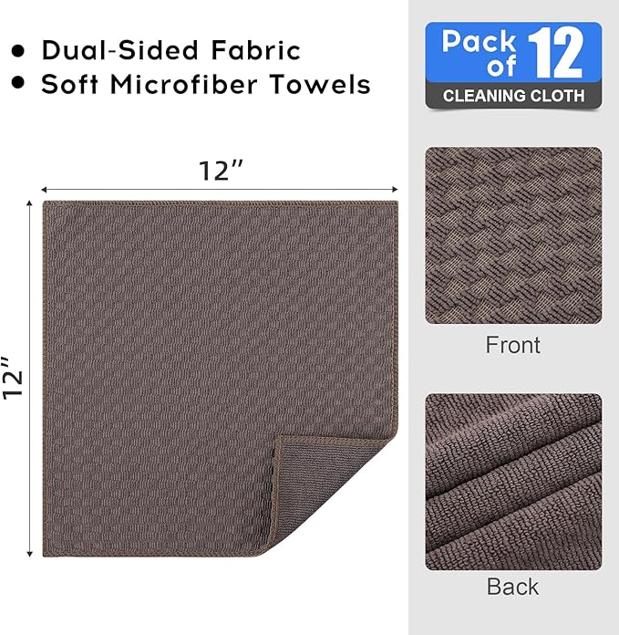 Kitinjoy Microfiber Cleaning Cloth, 12 Pack Soft and No Lint Microfiber Towels Cleaning Supplies, Absorbent Fast Drying Cleaning Rags for Housekeeping, Kitchen, Window, 12 x12 Inches, Brown