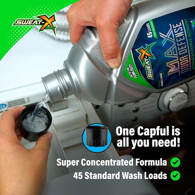 Sweat X Original Max Odor Defense Laundry Detergent – Remove the Worst Odors & Toughest Stains – High Performance Sports Wash for Training Gear & All Fabric Types – 45 Loads/Bottle – 2 Pack