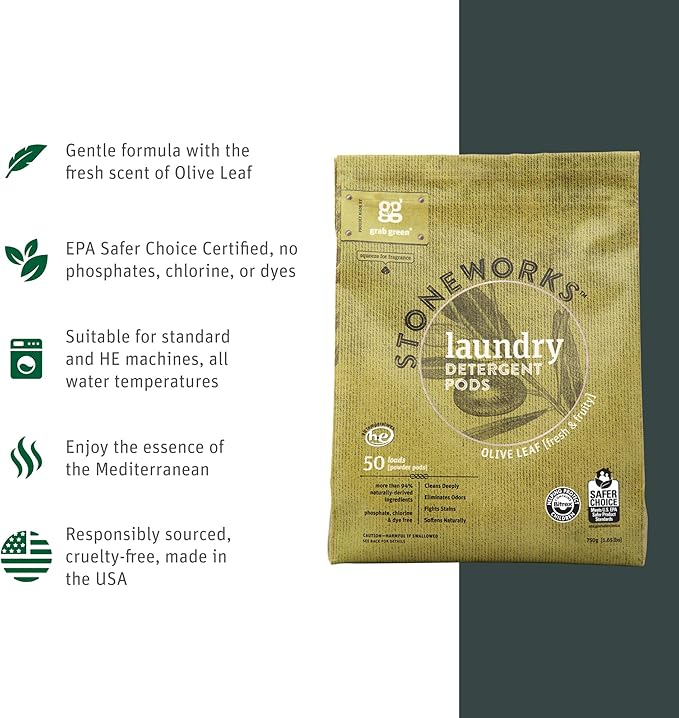 Grab Green Stoneworks Laundry Detergent Pods Sample Kit, 10 Count, Birch Branch, Fragrance Free Rain, Oak Tree, Olive Leaf, Rose Petal Scents, Plant a
