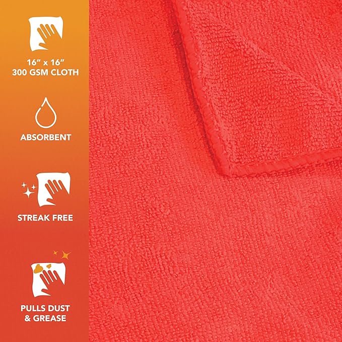 Arkwright Microfiber Cleaning Cloths - (Pack of 12) Large Lint & Streak-Free Drying Wash Towels, 300 GSM Super Absorbent & Quick Dry, Perfect Cleaner for Car, Glass, and Window, 16 x 16 in, Red