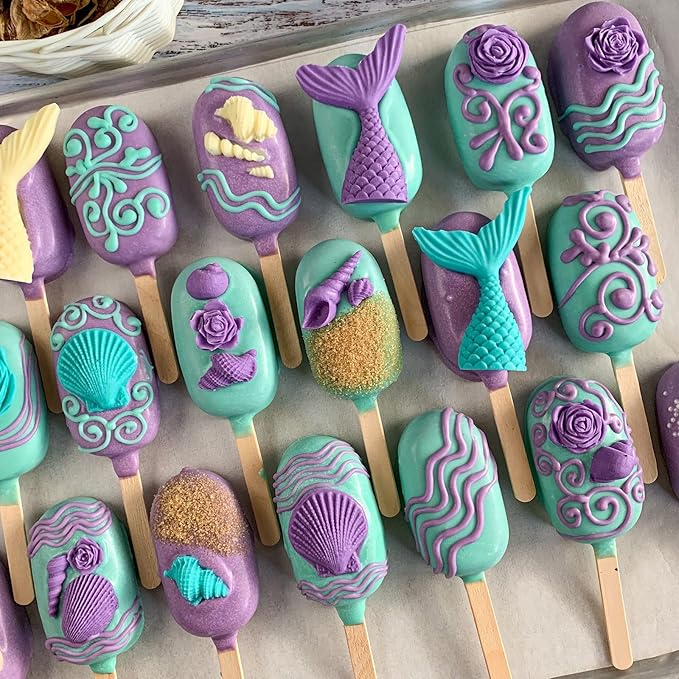 Sakolla 4 Pcs Marine Theme Silicone Fondant Molds, Mermaid Tail Seashell Conch Starfish Shape Silicone Molds for Cake Decoration, Chocolate, clay, Crafting