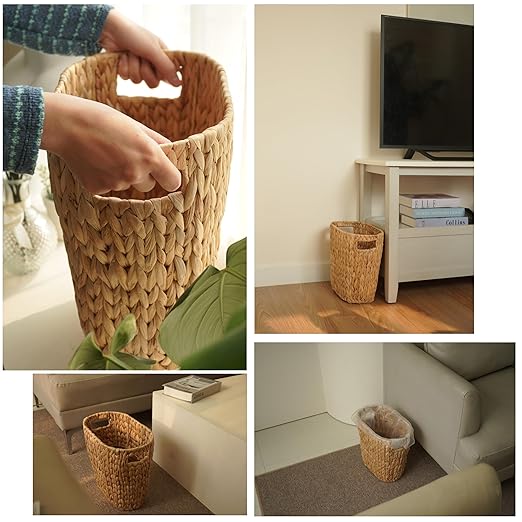 4 Gallons Wicker Waste Basket for Bathroom - Water Hyacinth Wicker Trash Can – Kitchen, Bathroom Garbage Can, Oval Magazine Basket - Desk Trash Can, Office Garbage Can with Open Top, Handles
