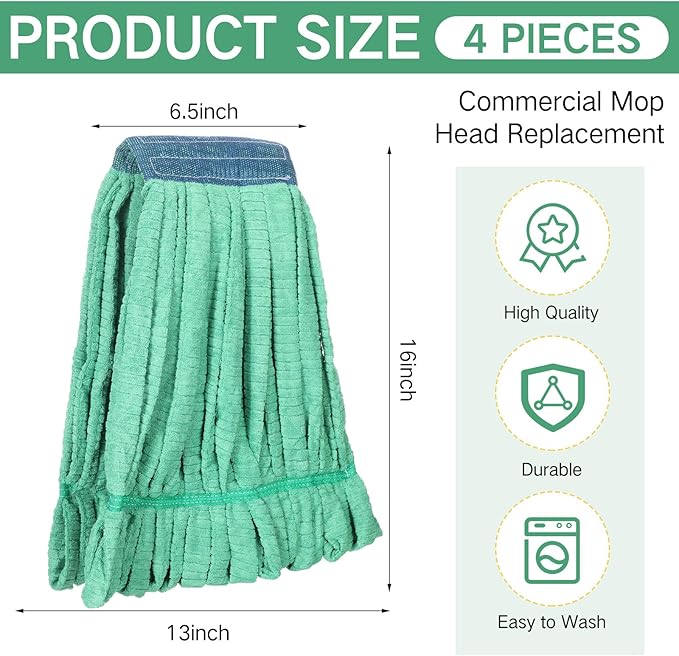 Lallisa 4 Pcs Commercial Mop Head Replacement Tube Microfiber Industrial Looped End Mop Heads Refill for Floor Cleaning for Home Commercial Industrial Use(Large,Green)