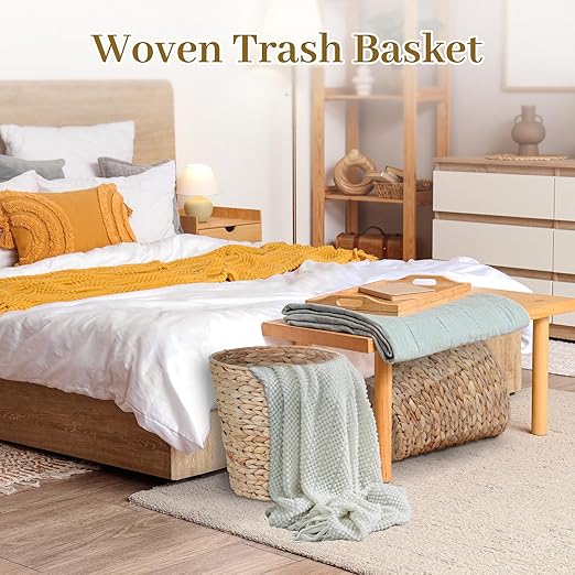Boho Wicker Trash Can with Lid,Waterproof Bathroom Trash Can Hand Woven Wicker Waste Baskets for Kitchen Office Bedroom