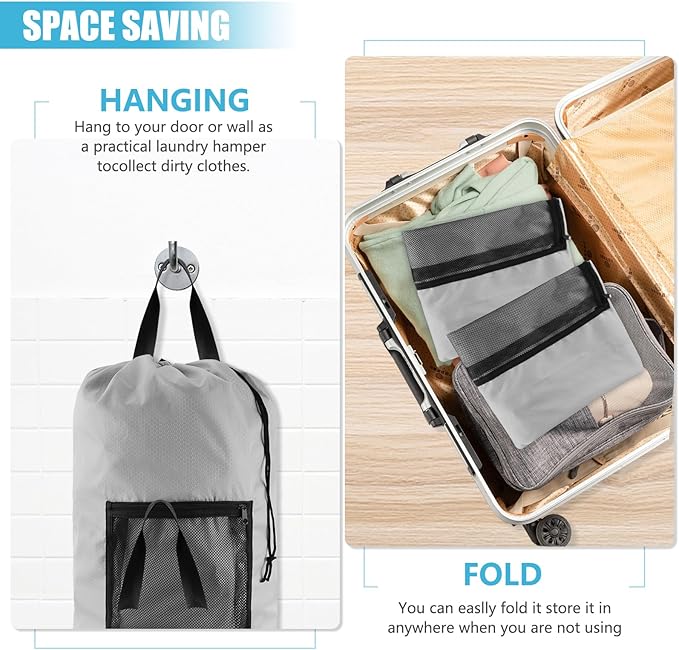 Laundry Bag Backpack, Extra Large Travel Laundry Bag with Mesh Pocket & Adjustable Shoulder Straps,Dirty Clothes Travel Bag for College Students Dorm,Apartment(Light Gray)