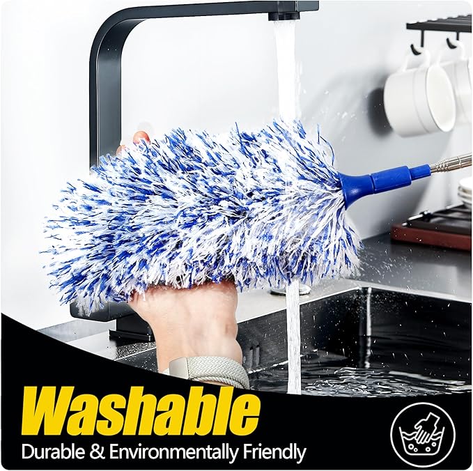 Extendable 20-49inches Microfiber Feather Duster with 3pcs Replaceable Bendable Heads, Extra Long Duster for Cleaning, Electrostatic Dust Remove for Ceiling, Fan, Window, Bookshelves (Navy Blue)