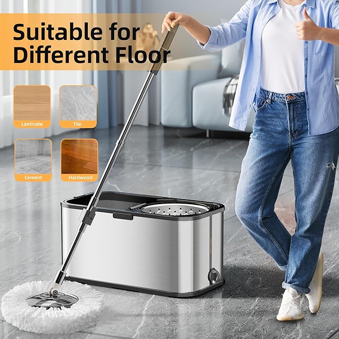 Spin Mop and Bucket with Wringer Set for Home,360° Mop and Bucket with Separate Clean and Dirty Water,Wet Dust Mop for Floor Cleaning with Extra Refills (Square Silver)