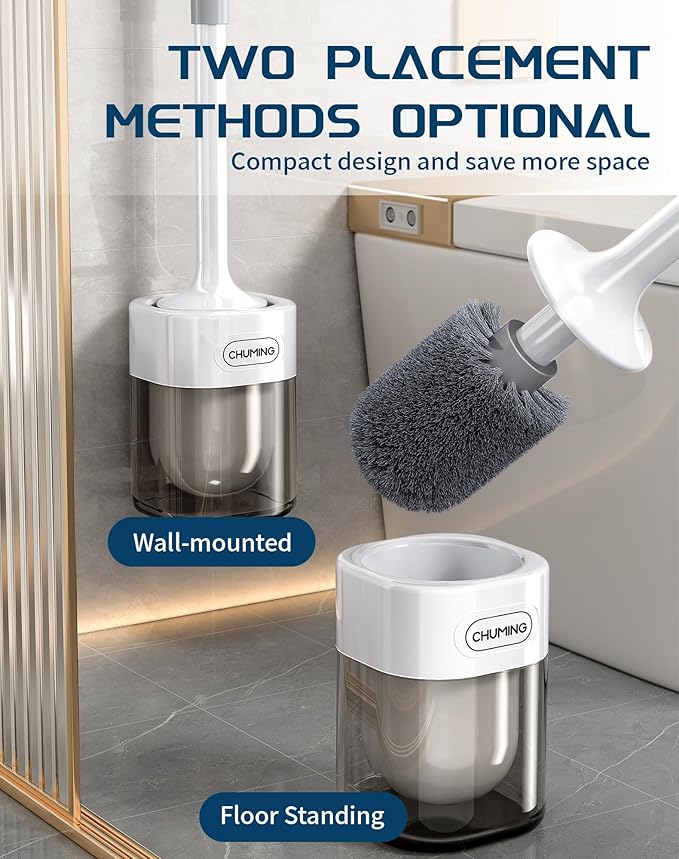 Toilet Brush and Holder Set, 2 Pack Wall-Mounted and Free-Standing Dual Use Toilet Scrubber with Half-Round Design, High-Density Bristle Head (Square *1+Rotundity*1)