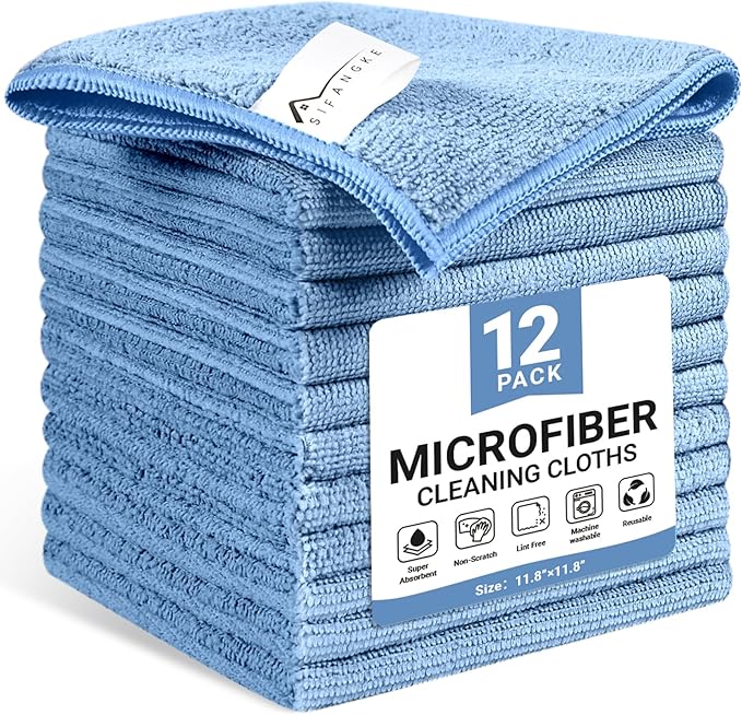 Microfiber Cleaning Cloth, 12 Pack Blue Cleaning Rags for Housekeeping, Reusable Microfiber Towels for Car, Kitchen, Bathroom and Household Cleaning Supplies, 11.8"X11.8"