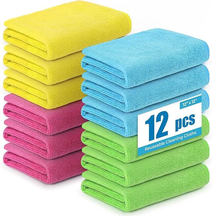 Microfiber Cleaning Cloths 12”x12” 12Pack Lint Free Kitchen Cloths - Extra Thick, Streak-Free, Lint-Free, Fast Absorbent - Reusable Multi-Purpose Housekeeping Rags for Cars, Dishes, Floors, Tiles