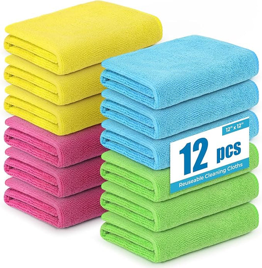 Microfiber Cleaning Cloths 12”x12” 12Pack Lint Free Kitchen Cloths - Extra Thick, Streak-Free, Lint-Free, Fast Absorbent - Reusable Multi-Purpose Housekeeping Rags for Cars, Dishes, Floors, Tiles