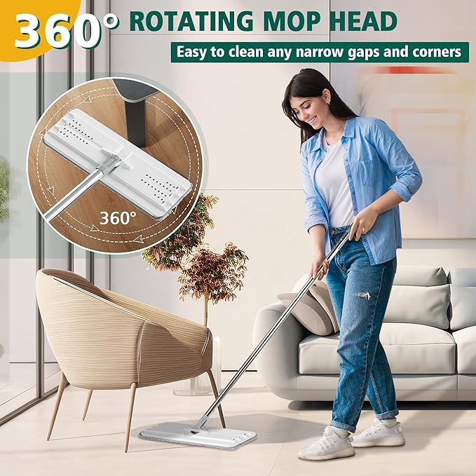 Mop and Bucket with Wringer Set, Hands Free Flat Floor Mop and Bucket, 3 Washable Microfiber Pads Included, Wet and Dry Use, Home Floor Cleaning System for All Floor Types and Windows