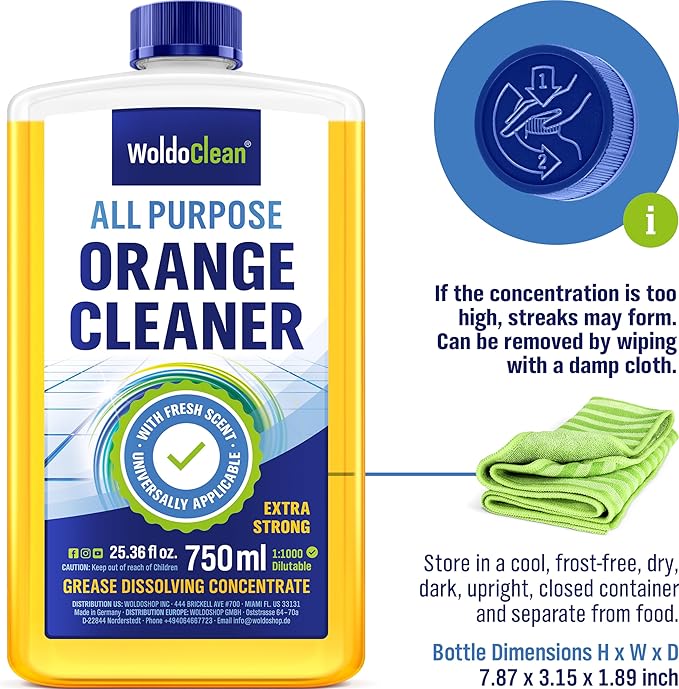 WoldoClean Orange Oil Cleaner Concentrated 25.36 fl oz (1 : 1000) - makes up to 200 Gallons Multi-Use Adhesive & Grease Remover, Custom-Dilution Citrus Degreaser for Floors, Kitchen & Bath