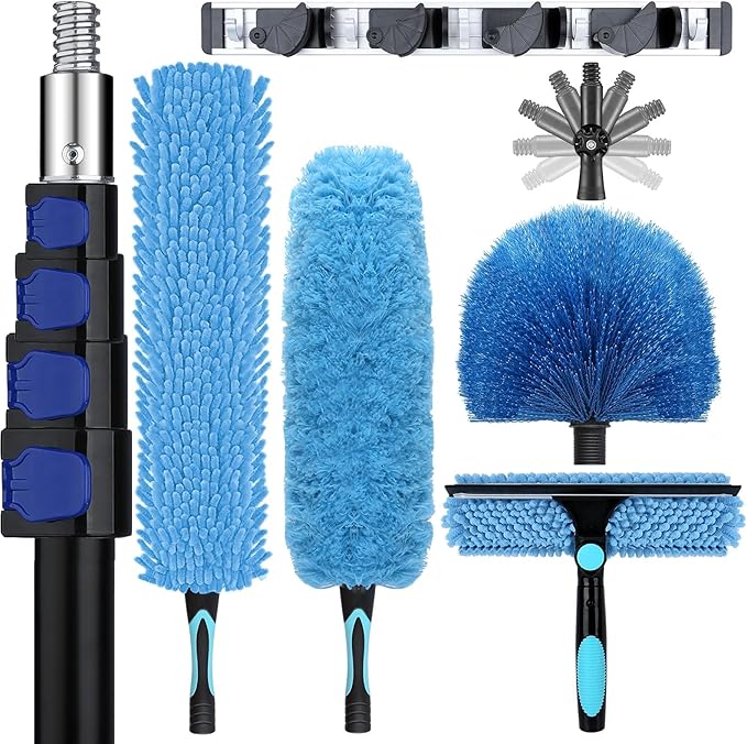 25ft High Ceiling Duster Kits with 5-18ft Heavy Duty Extension Pole - Fan Blade Cleaner, Cobweb Remover & Blue Window Squeegee Kit, Washable Dust Brush for High Roof and Glass Surfaces
