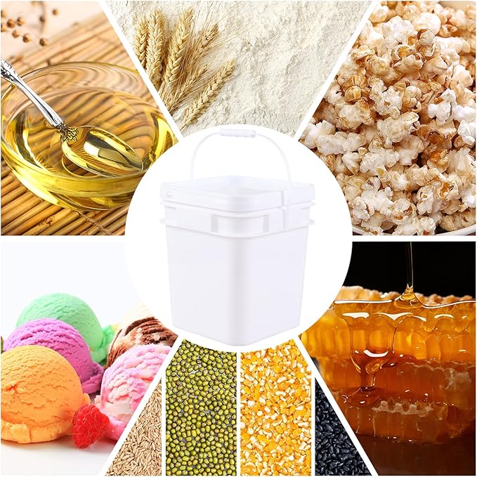 4 Pcs 3 Gallon Plastic Square Bucket Pail Container with Lid, White Bucket Food Grade Square Bucket with Plastic Handle