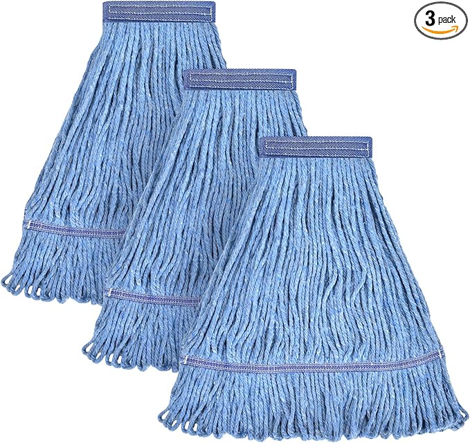 Matthew Cleaning Heavy Duty Mop Head Commercial Replacement for General and Floor Cleaning , Wet Industrial Blue Cotton Looped End String Head Refill (Pack of 3) Blue